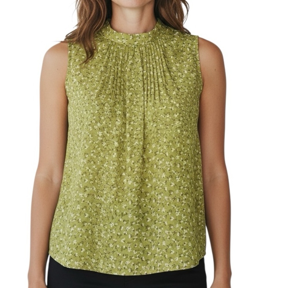 NWT ADRIANNA PAPELL Sleeveless Pintuck Henley Ditsy Floral Blouse Size Large